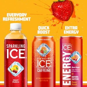 Sparkling Ice +Caffeine Strawberry Citrus Sparkling Water, with Antioxidants and Vitamins, Zero Sugar, 16 fl oz Cans (Pack Of 12)