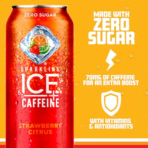 Sparkling Ice +Caffeine Strawberry Citrus Sparkling Water, with Antioxidants and Vitamins, Zero Sugar, 16 fl oz Cans (Pack Of 12)