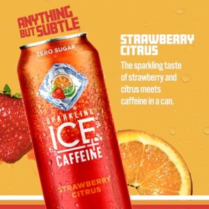 Sparkling Ice +Caffeine Strawberry Citrus Sparkling Water, with Antioxidants and Vitamins, Zero Sugar, 16 fl oz Cans (Pack Of 12)