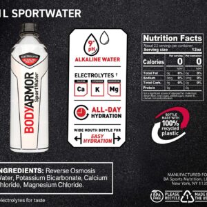 BODYARMOR SportWater Alkaline Water, Superior Hydration, High Alkaline Water pH 9+, Electrolytes, Perfect for your Active Lifestyle, 1 Liter (Pack of 6)