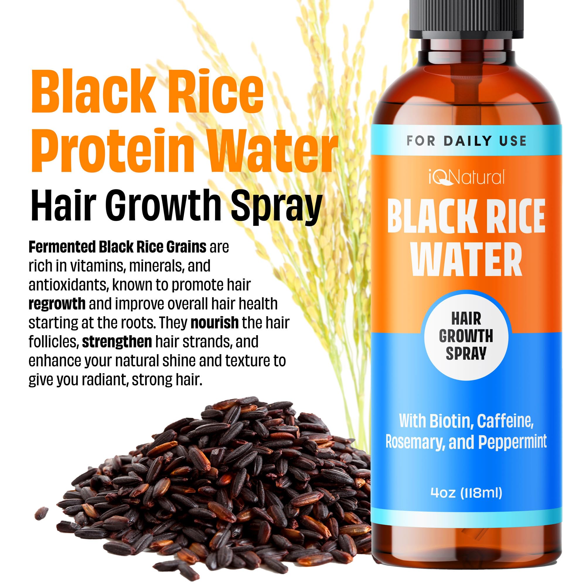 IQ Natural Rice Water for Hair Growth Spray, Rosemary Water Spray for Hair Growth, Rosemary Oil Black Rice Water Spray Hair Growth Women, Biotin Spray for Hair Growth, Hydrating Hair Mist - 4oz