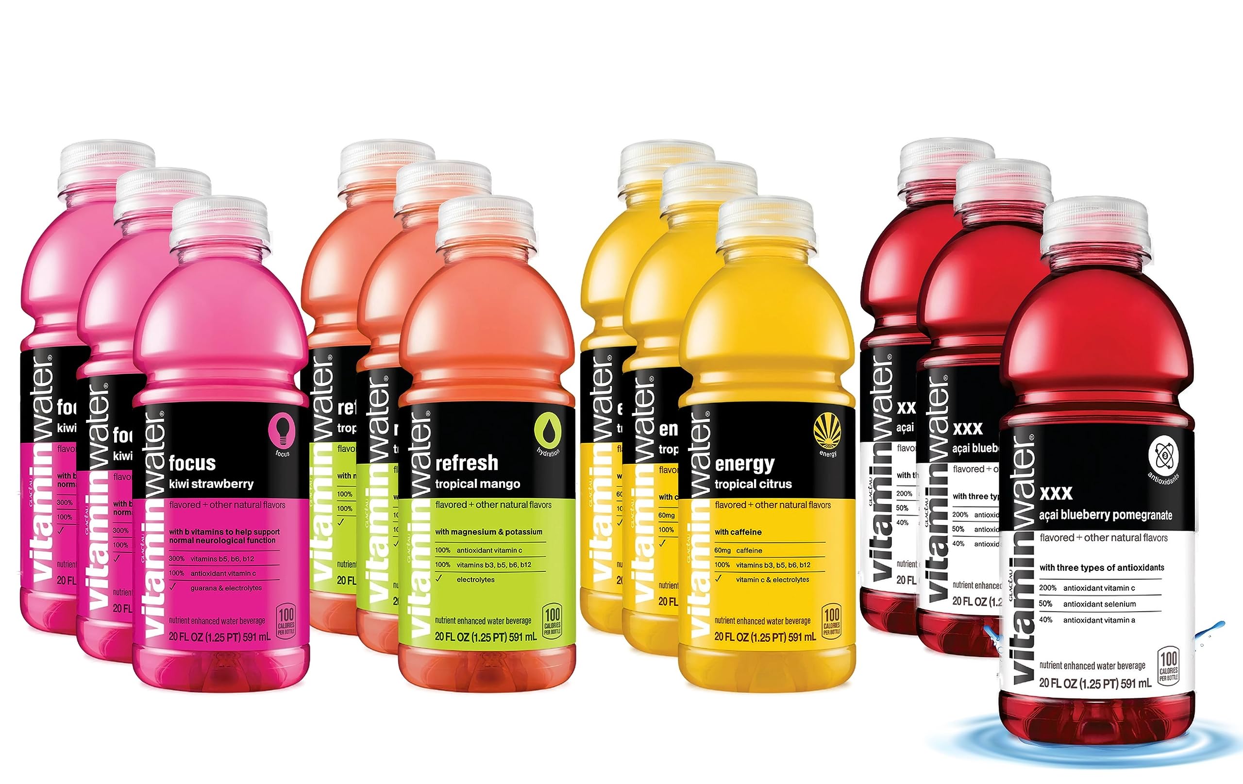 Vitamin Water Variety Pack - 20 oz Water Bottles - Vitaminwater Energy Drink, Flavored Water - Vitamin water XXX, Energy, Refresh, Focus - Sport Drinks Variety Pack - Vitamin Water 12 Pack