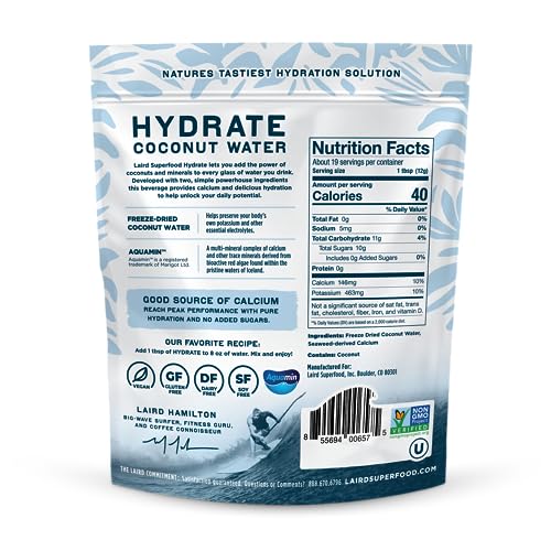 Laird Superfood HYDRATE Coconut Water Powder Drink Supplement with Coconut Water and Auqamin, All Natural, No Added Sugars, Gluten-Free, Non-GMO, Vegan, 8 oz. Bag, Pack of 1