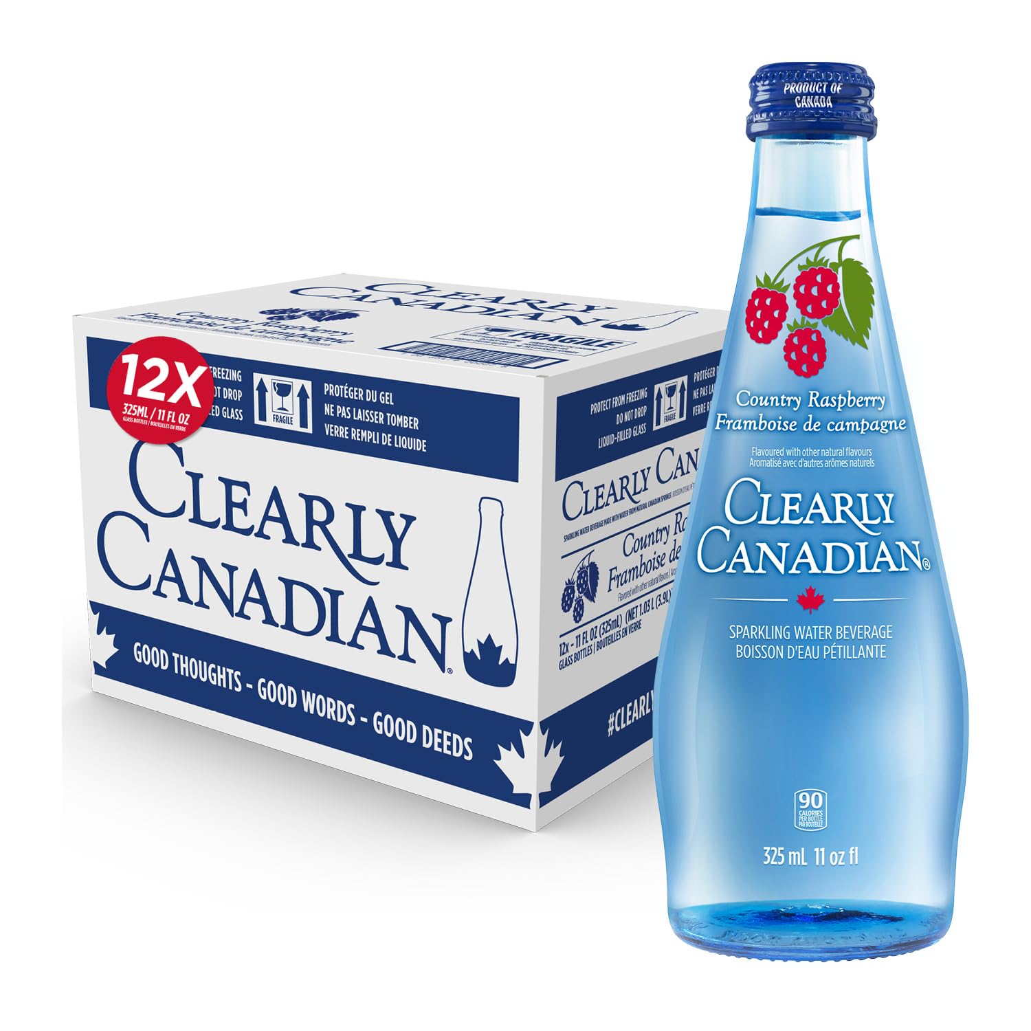 Clearly Canadian Country Raspberry Sparkling Spring Water Beverage, Natural & Carbonated, Flavored Seltzer Water, 1 Case (12 Bottles x 325mL)