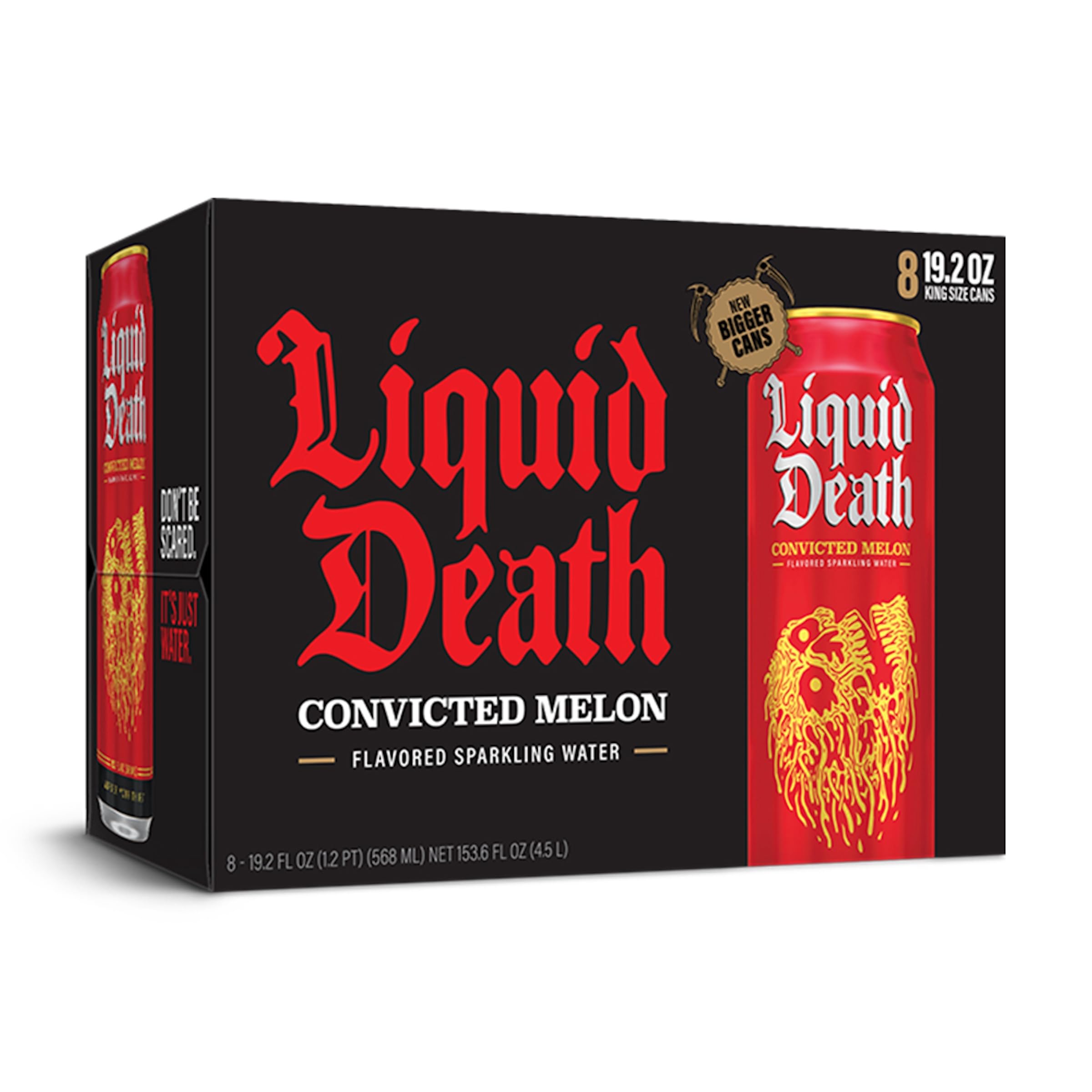 Liquid Death, Convicted Melon Sparkling Water, Watermelon Flavored Sparkling Beverage Sweetened With Real Agave, Low Calorie & Low Sugar, 8-Pack (King Size 19.2oz Cans)