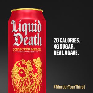 Liquid Death, Convicted Melon Sparkling Water, Watermelon Flavored Sparkling Beverage Sweetened With Real Agave, Low Calorie & Low Sugar, 8-Pack (King Size 19.2oz Cans)