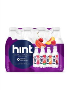 hint water purple variety pack (pack of 12), 16 ounce bottles, 3 bottles each of: raspberry, watermelon, cherry, and peach, zero calories, zero sugar and zero sweeteners