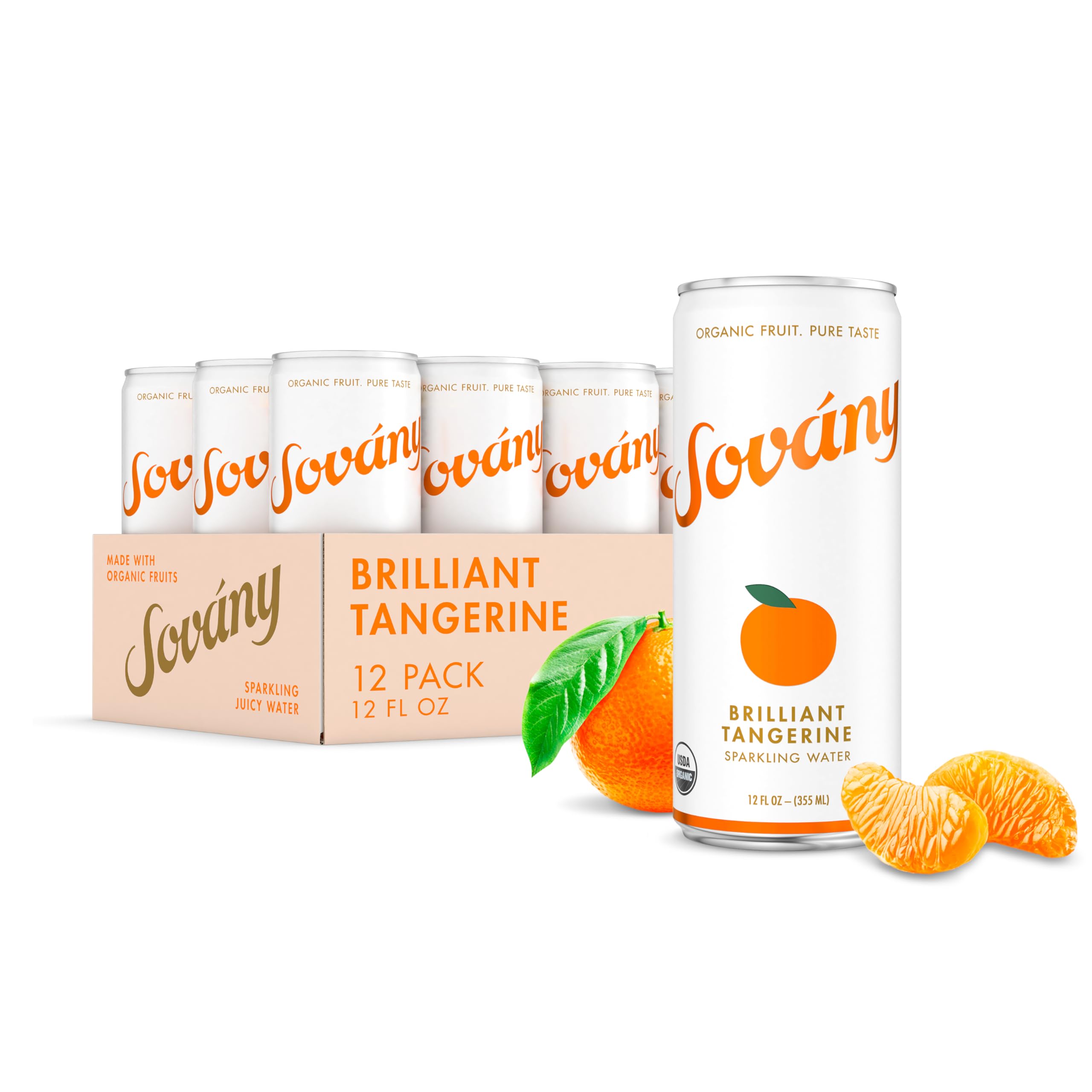 Sovány Sparkling Water, Tangerine, Seltzer Water Drinks, USDA Organic, Made With Real Fruit, Non-GMO, Vegan, No Added Sugar, Low Calorie, 12 fl oz, 12 Pack