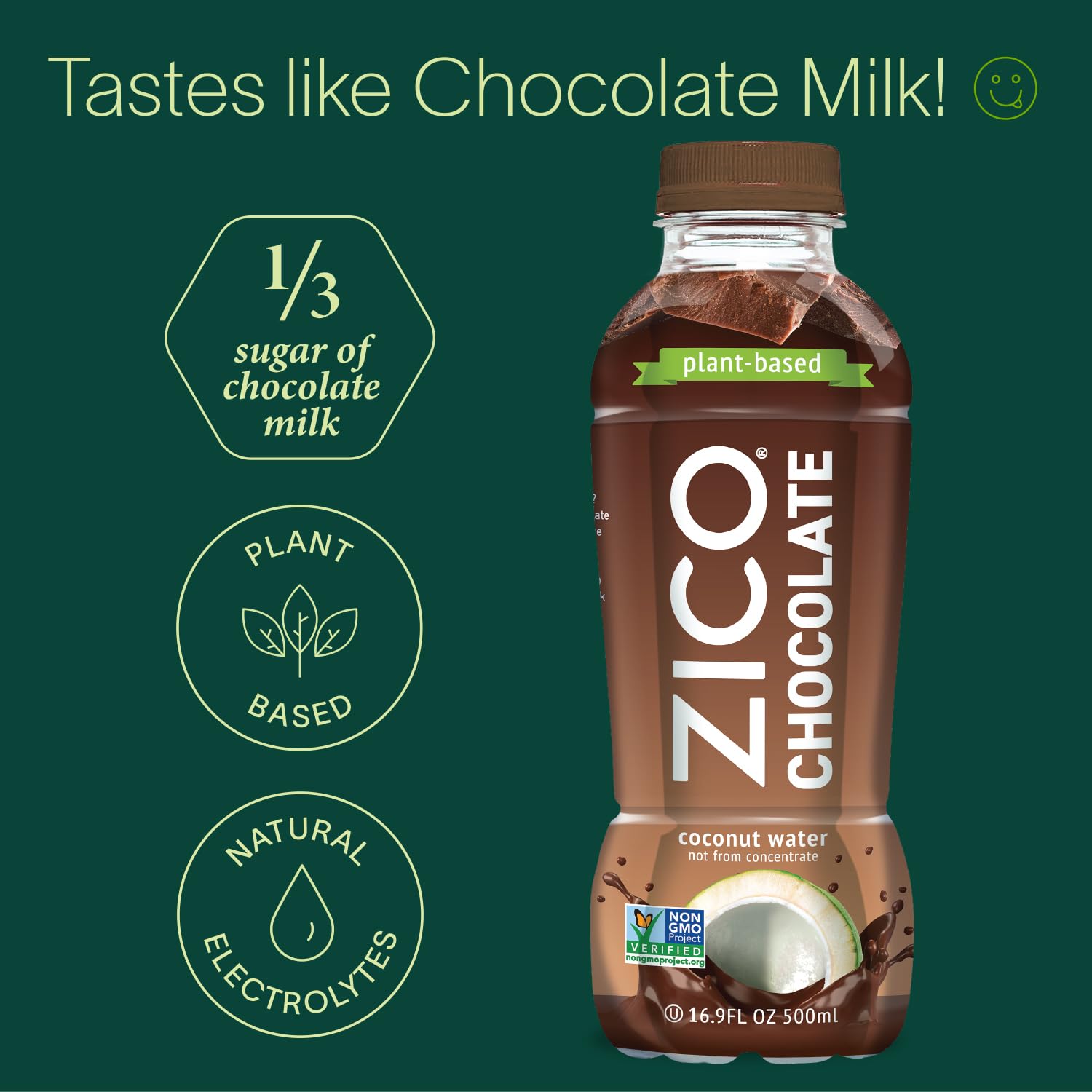 Zico Chocolate Coconut Water, Dairy-free, Plant-based, tastes like Chocolate Milk, 16.9 Fl Oz (Pack of 12)