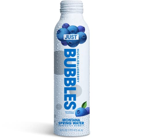 JUST Bubbles Huckleblueberry - Pure Premium Sparkling Spring Water in a Fully Recyclable Reusable Eco-Friendly Bottle - 100% Mountain-Sourced Carbonated Water with Naturally Occurring Minerals, 16 Fl Oz (Pack of 12)