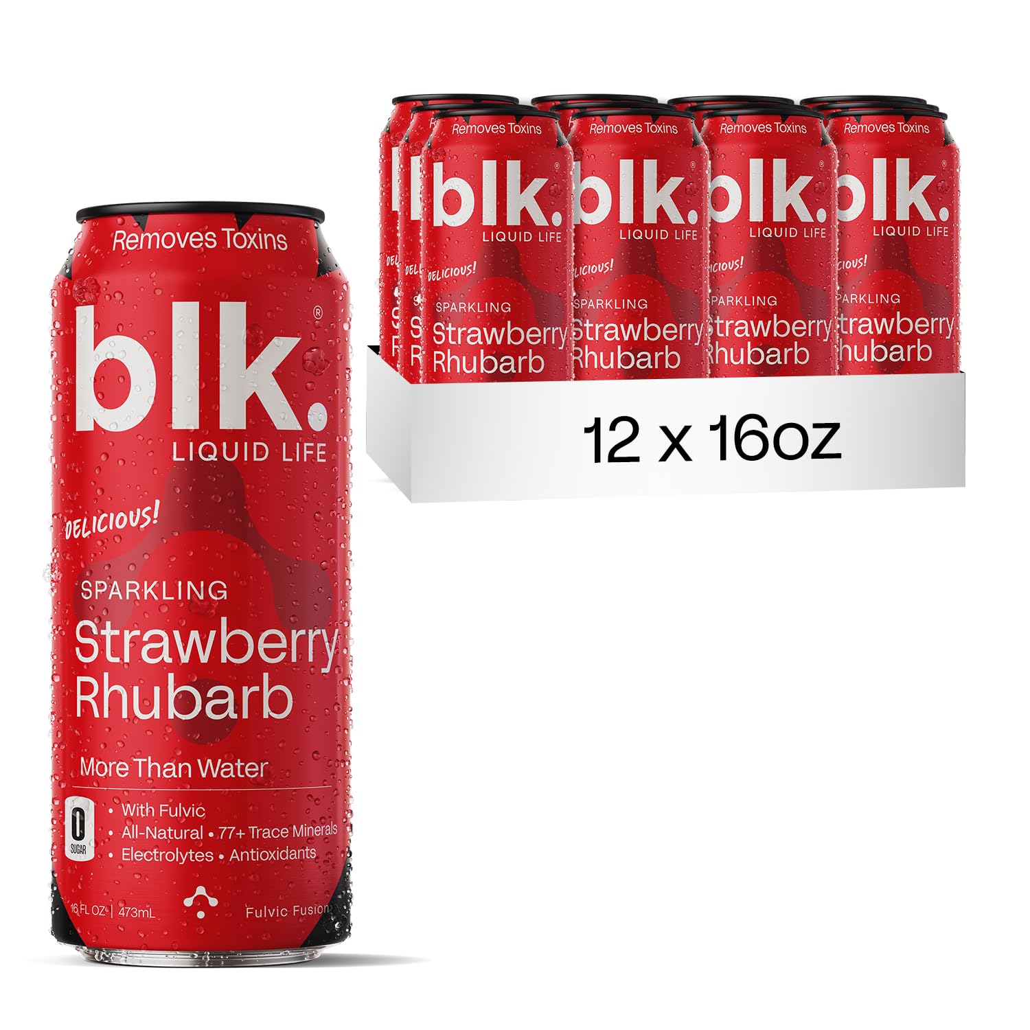 blk. Natural Alkaline Sparkling Mineral Electrolyte Infused with Fulvic and Amino Acids, Zero Sugar, Zero Calories Drink, Strawberry Rhubarb Flavored, 16 oz, 12 pack