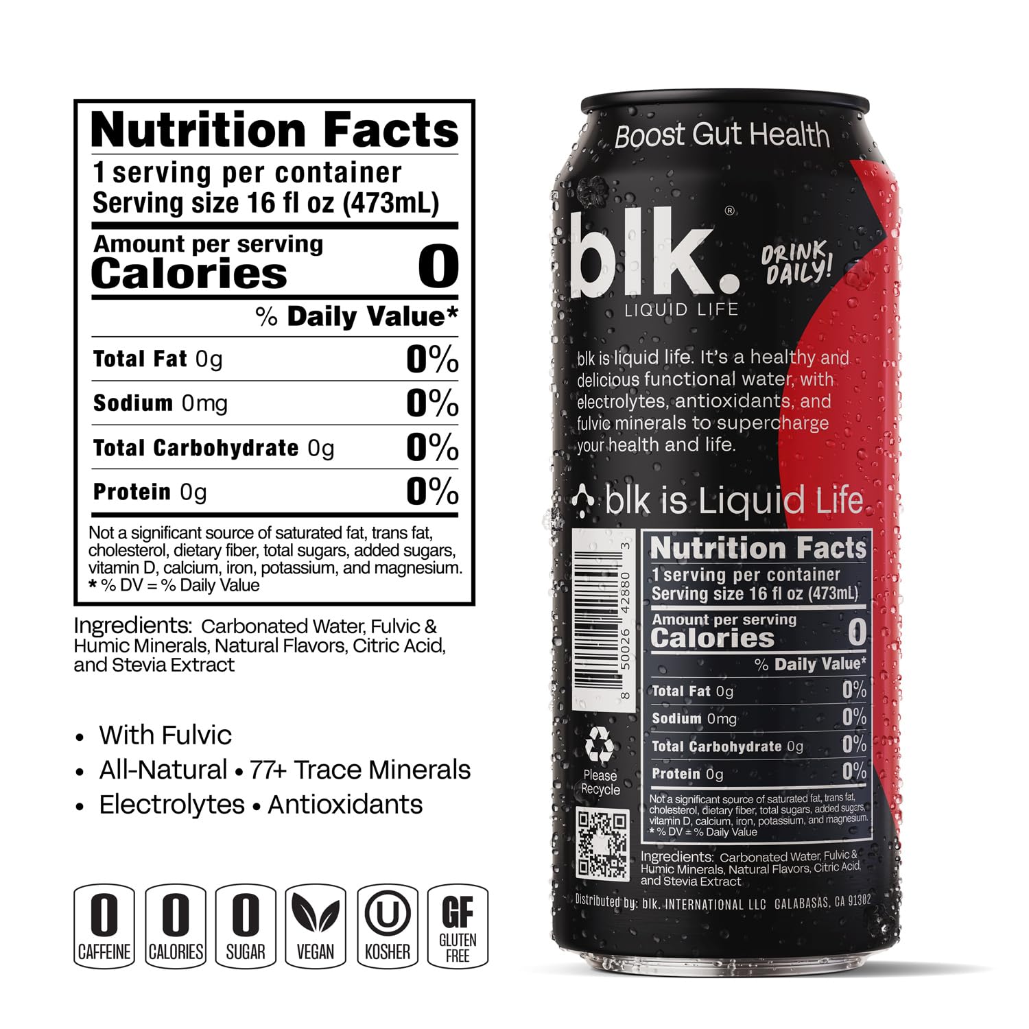 blk. Natural Alkaline Sparkling Mineral Electrolyte Infused with Fulvic and Amino Acids, Zero Sugar, Zero Calories Drink, Strawberry Rhubarb Flavored, 16 oz, 12 pack