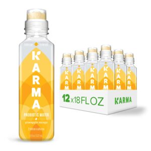 Karma Wellness Flavored Probiotic Water, Pineapple Mango, 18 Fl Oz (Pack of 12), Immunity and Digestive Health Support, Low Calorie, 2 Billion Active Cultures