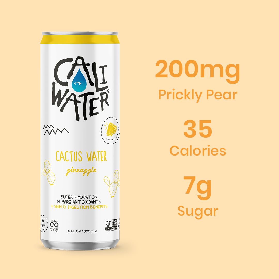 Caliwater - Organic Cactus Water - Pineapple - 5g Sugar, 35 Calories - Coconut Water Alternative - Natural Plant Based Hydration - Skin Care, Electrolyte Drinks - Flavored Water Beverages - 12 Cans