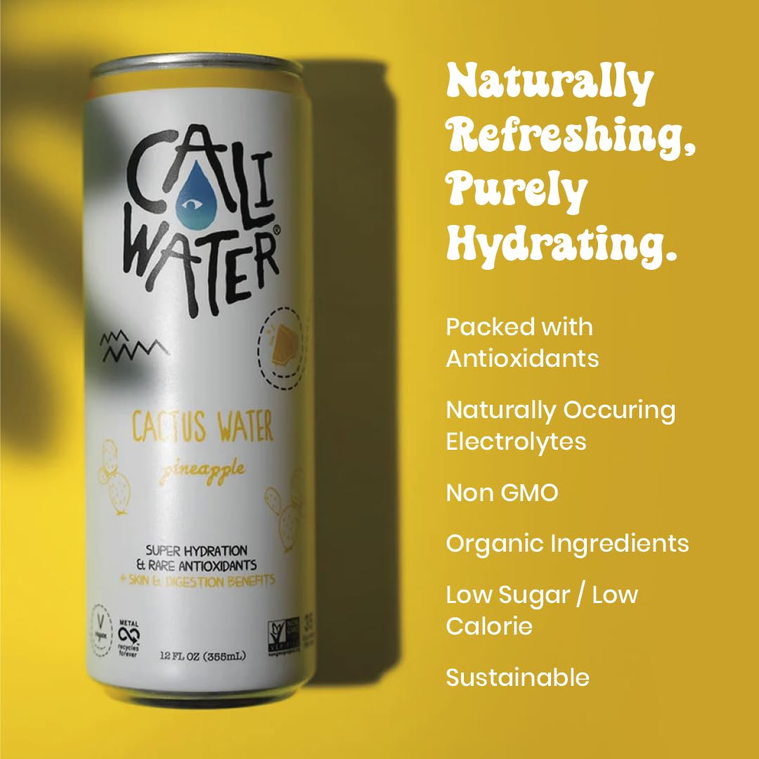 Caliwater - Organic Cactus Water - Pineapple - 5g Sugar, 35 Calories - Coconut Water Alternative - Natural Plant Based Hydration - Skin Care, Electrolyte Drinks - Flavored Water Beverages - 12 Cans