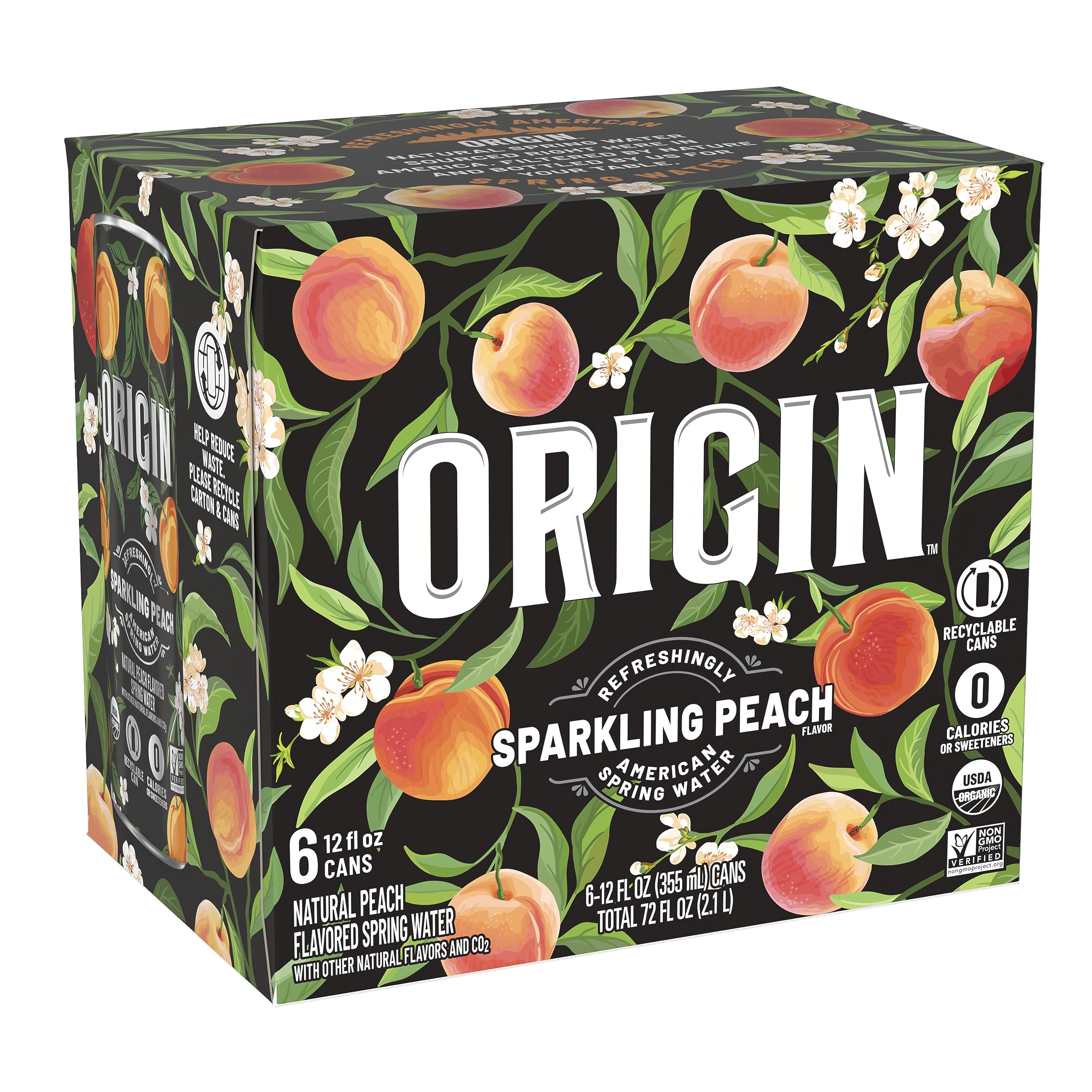 ORIGIN Organic & Non-GMO Peach Flavor Sparkling Water, 12 Fl Oz, Recyclable Aluminum Cans (6 Count)