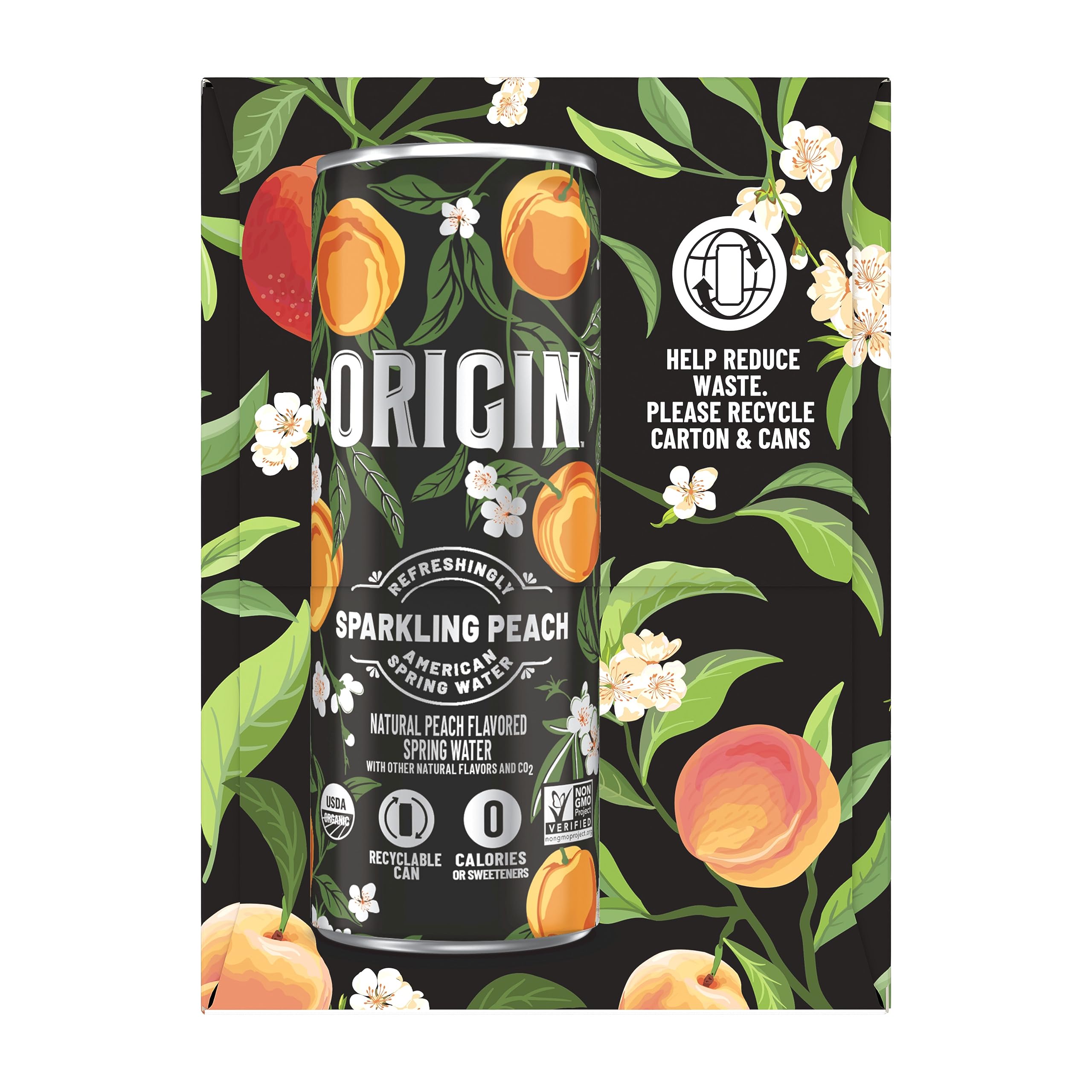 ORIGIN Organic & Non-GMO Peach Flavor Sparkling Water, 12 Fl Oz, Recyclable Aluminum Cans (6 Count)