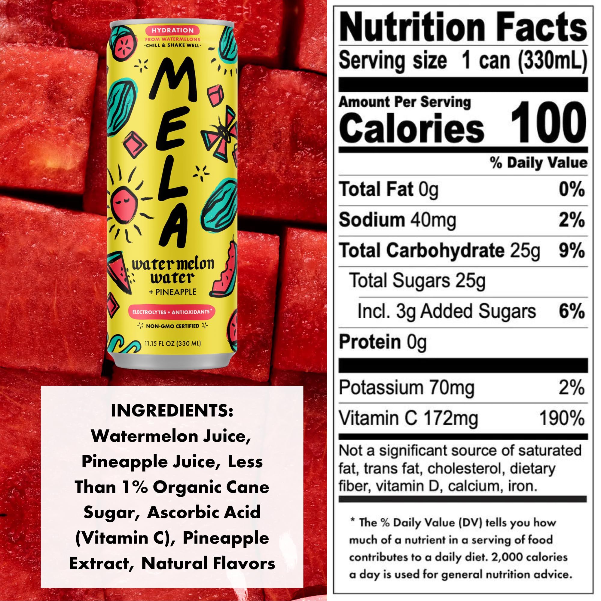 Mela Water Natural Watermelon Juice Drink, Electrolytes & Antioxidants, Natural Hydration, Coconut Water Alternative, Vitamin C, Pineapple, 11.15 fl oz (Pack of 12)