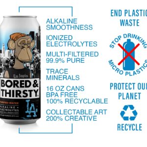 Bored & Thirsty Ionized Alkaline Water with Electrolytes & Trace Minerals for a Smooth Taste. Limited Edition Art Collabs 100% Recyclable 16 Fl Oz Aluminum Cans (4 Pack). Stop Single Use Plastic!