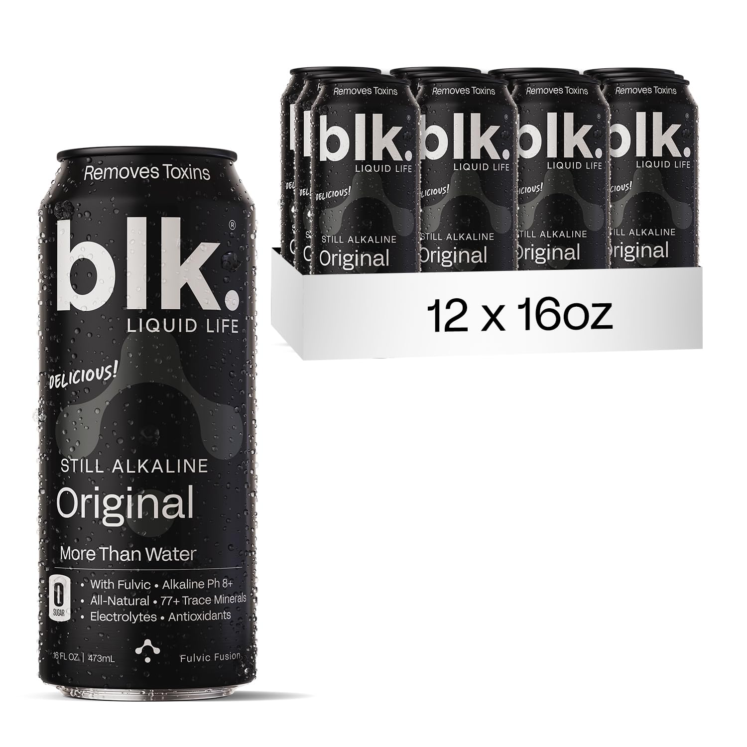 Blk. PH 8+ Natural Alkaline Mineral Still Water Electrolyte Infused with Fulvic and Amino Acids, Zero Sugar Drink, Original, 16.9 Ounce, Pack of 12