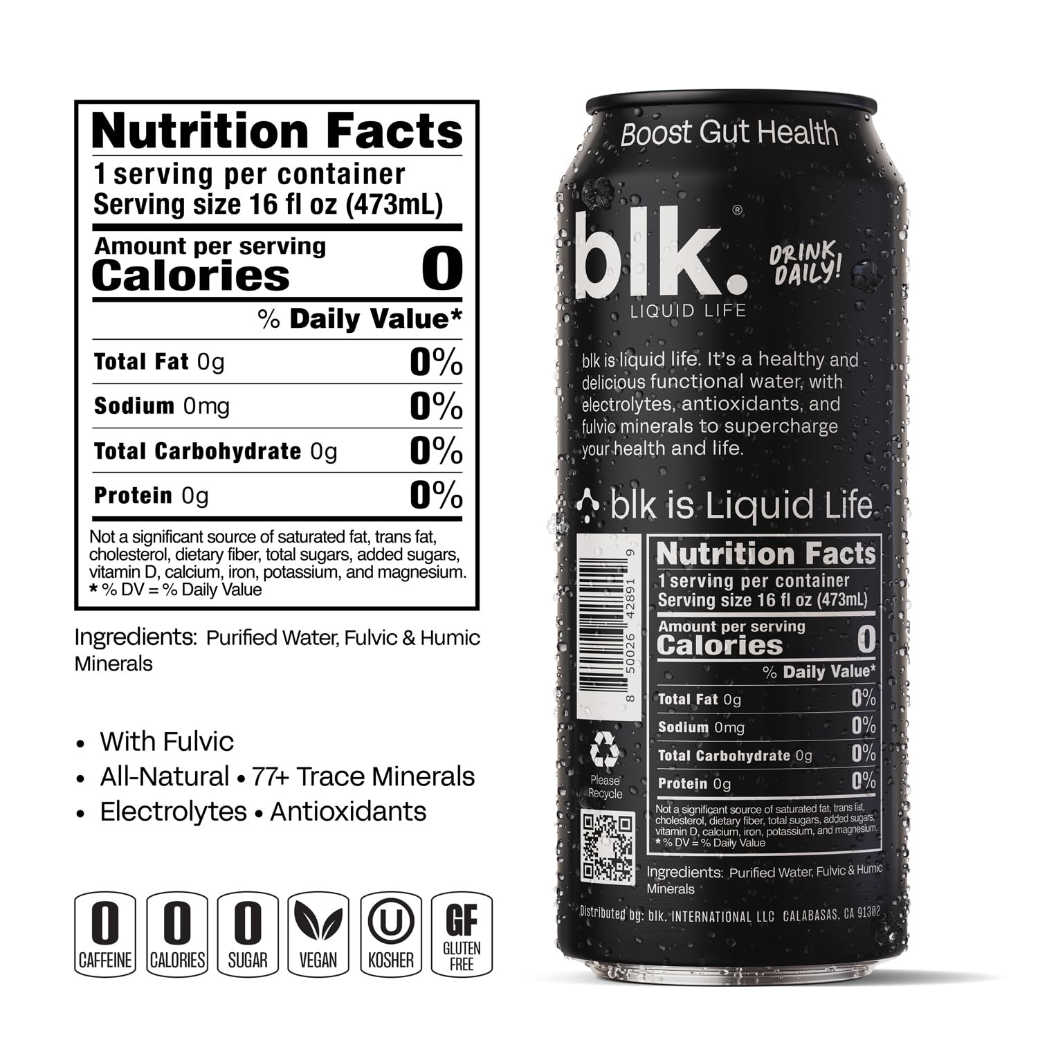 Blk. PH 8+ Natural Alkaline Mineral Still Water Electrolyte Infused with Fulvic and Amino Acids, Zero Sugar Drink, Original, 16.9 Ounce, Pack of 12