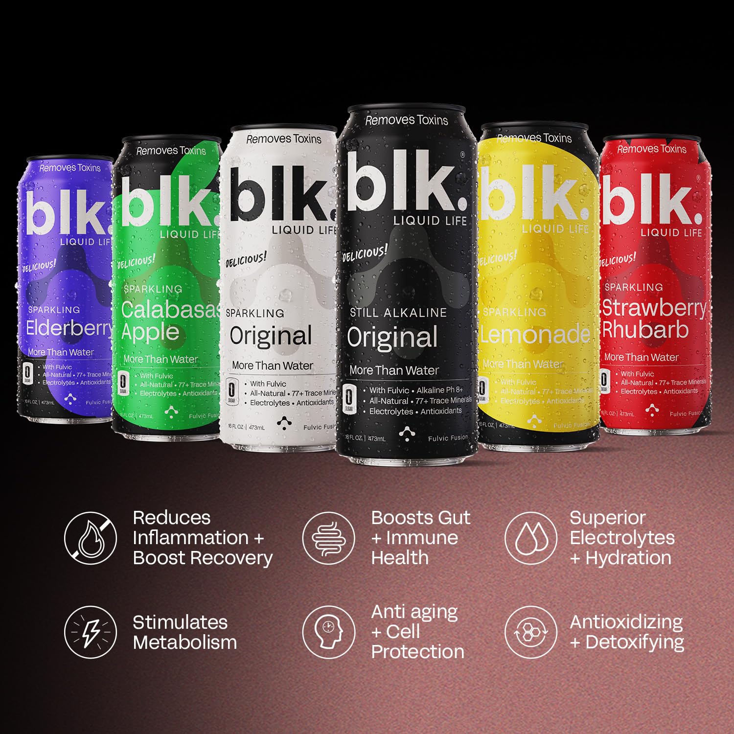 Blk. PH 8+ Natural Alkaline Mineral Still Water Electrolyte Infused with Fulvic and Amino Acids, Zero Sugar Drink, Original, 16.9 Ounce, Pack of 12