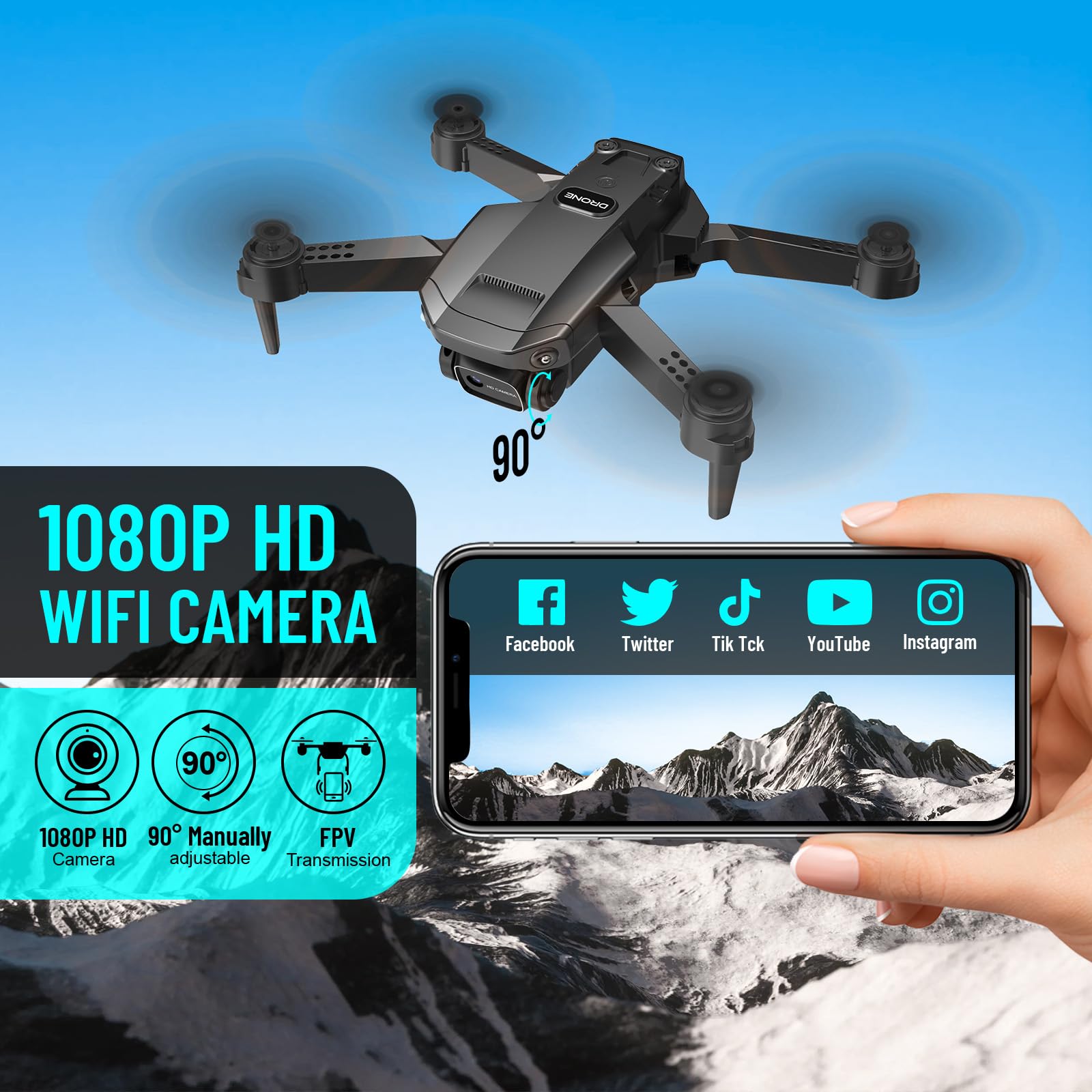 GOFOIT Mini Drone with Camera for Adults Kids, 1080P HD Foldable FPV RC Quadcopter with Upgrade Gesture Control, 90° Adjustable Lens, Headless Mode, 2 Batteries, Carrying Case, Altitude Hold, 3D Flip