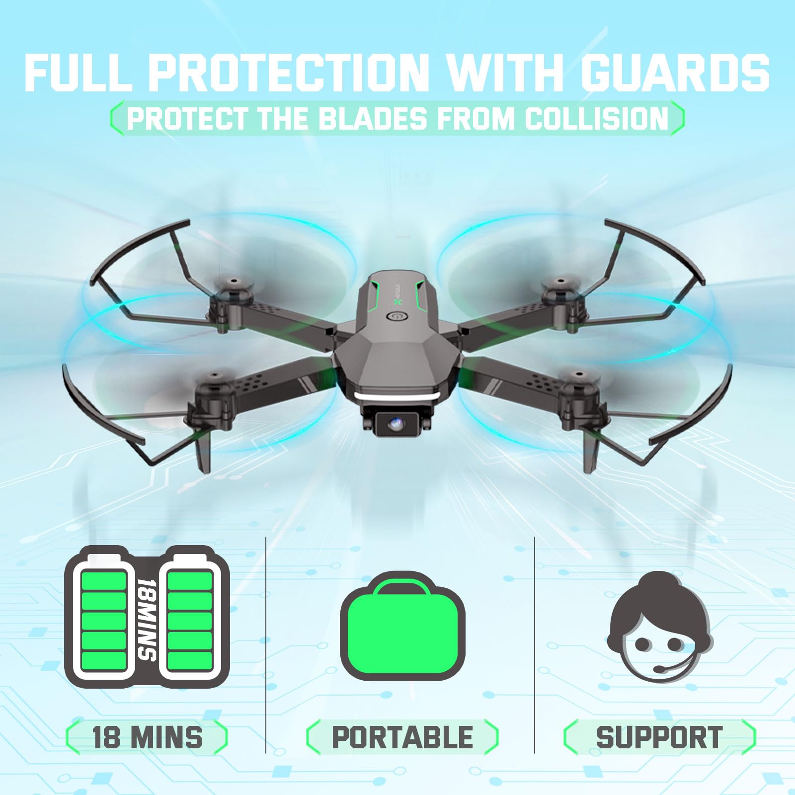 Heygelo S80 Drone with Camera for Adults, Foldable 1080P HD Mini Drones for Kids Beginners, Remote Control Helicopter Boys Toys/Gift with FPV Live Video, Full Guards, One Key Start, 2 Batteries