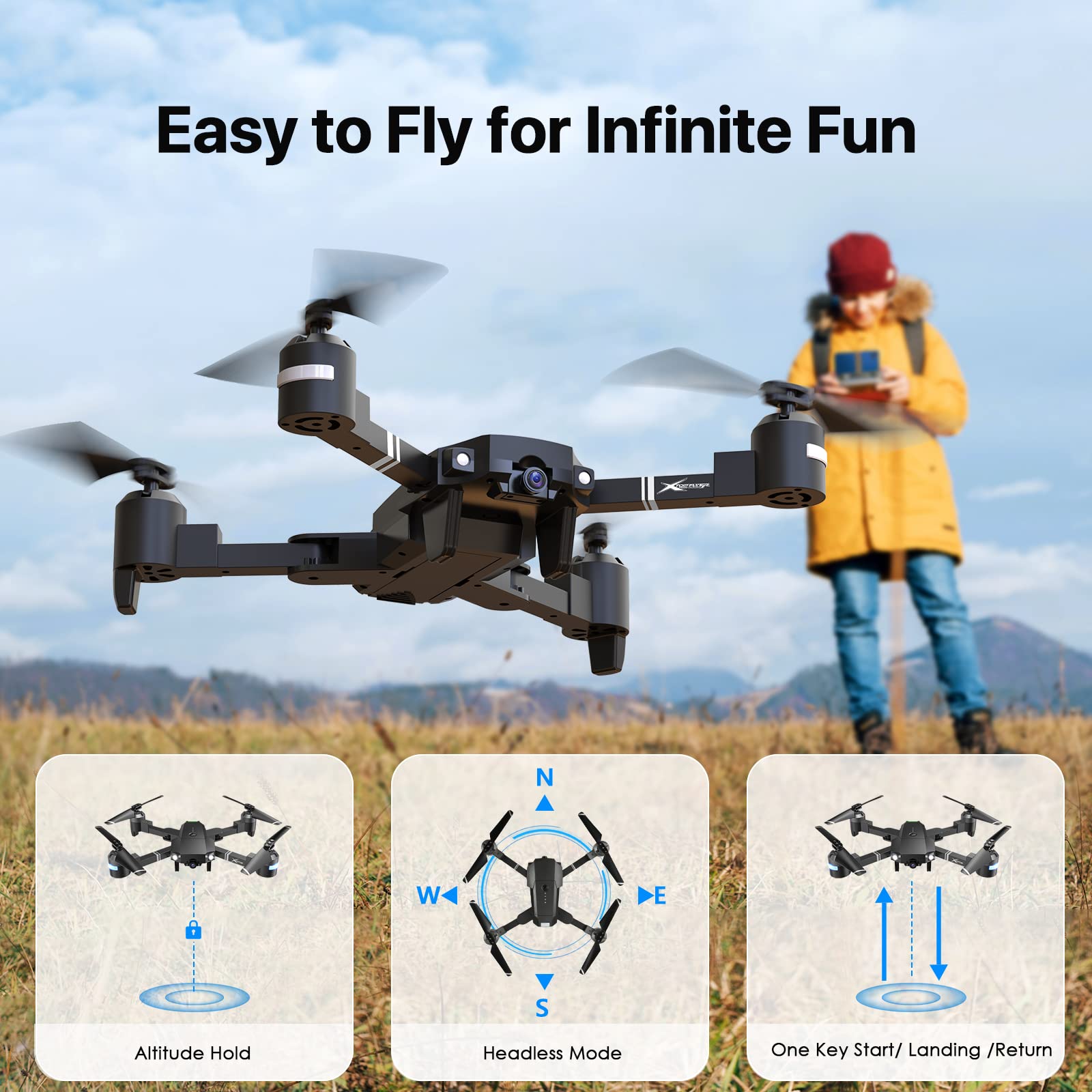 Drone with Camera for Adults & Kids,ATTOP Skyquad Drone Foldable 1080P FPV Drone w/3 Batteries & Carrying Case,RC Quadcopter of 30 Mins Flight Time,120°FOV,Voice&Gesture Control,One-key Return,3D Flip