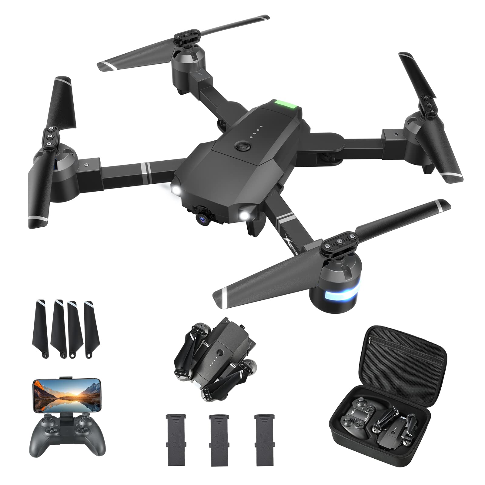 Drone with Camera for Adults & Kids,ATTOP Skyquad Drone Foldable 1080P FPV Drone w/3 Batteries & Carrying Case,RC Quadcopter of 30 Mins Flight Time,120°FOV,Voice&Gesture Control,One-key Return,3D Flip