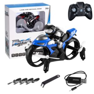 HCPBRS Magic RC Fly Motorbike, 2.4GHz Remote Control Motorcycle Toys Mini Flying Motorcycle with Light, 2 in 1 Land Air Motorcycle Aircraft, 360° Rotation Drift Stunt RC Drone (Blue)