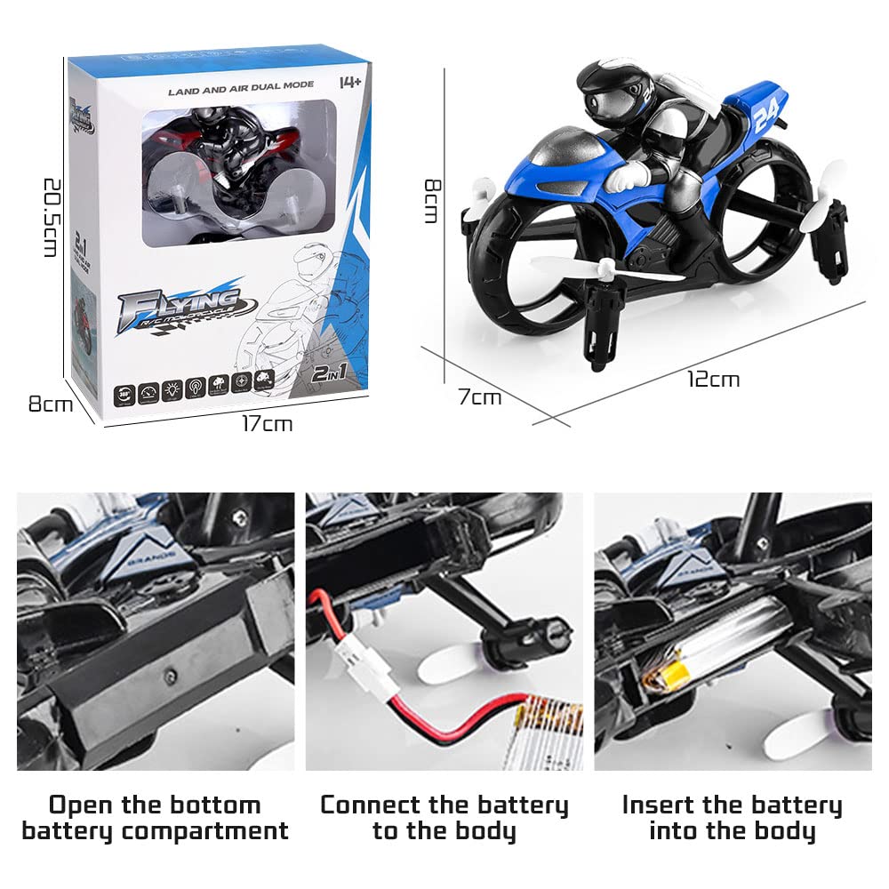 HCPBRS Magic RC Fly Motorbike, 2.4GHz Remote Control Motorcycle Toys Mini Flying Motorcycle with Light, 2 in 1 Land Air Motorcycle Aircraft, 360° Rotation Drift Stunt RC Drone (Blue)