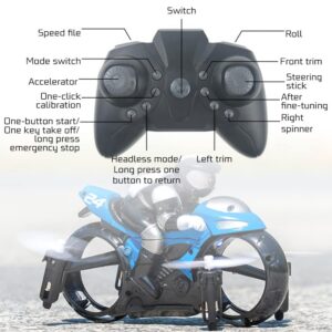 HCPBRS Magic RC Fly Motorbike, 2.4GHz Remote Control Motorcycle Toys Mini Flying Motorcycle with Light, 2 in 1 Land Air Motorcycle Aircraft, 360° Rotation Drift Stunt RC Drone (Blue)