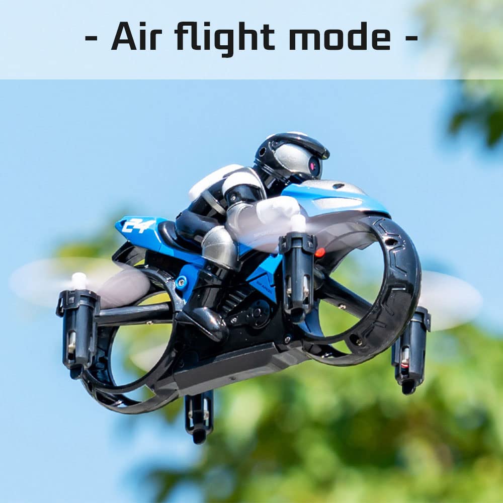 HCPBRS Magic RC Fly Motorbike, 2.4GHz Remote Control Motorcycle Toys Mini Flying Motorcycle with Light, 2 in 1 Land Air Motorcycle Aircraft, 360° Rotation Drift Stunt RC Drone (Blue)