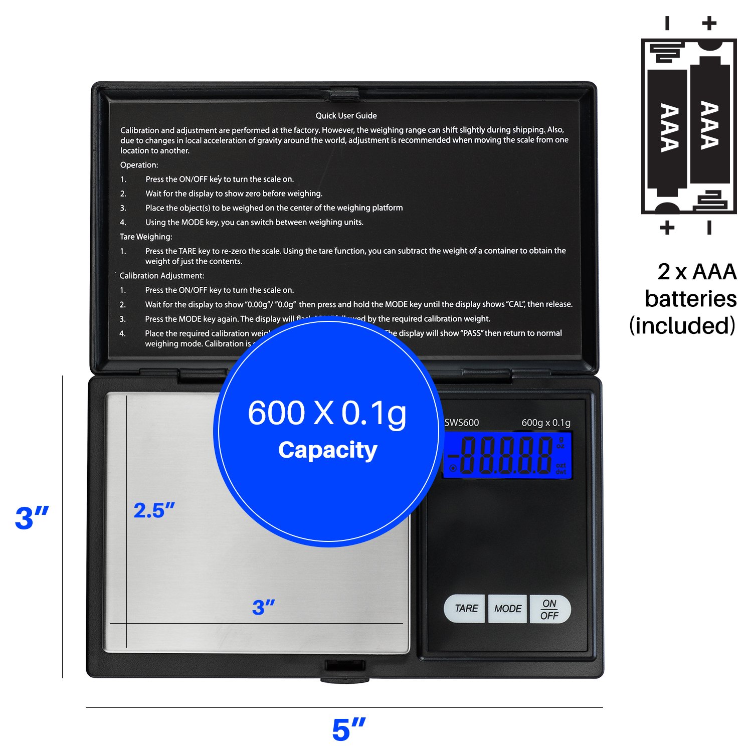 Smart Weigh Digital Pocket Gram Scale, 600g x 0.1g Digital Gram Scale, Jewelry Scale, Food Scale, Medicine Scale, Kitchen Scale Black, Battery Included