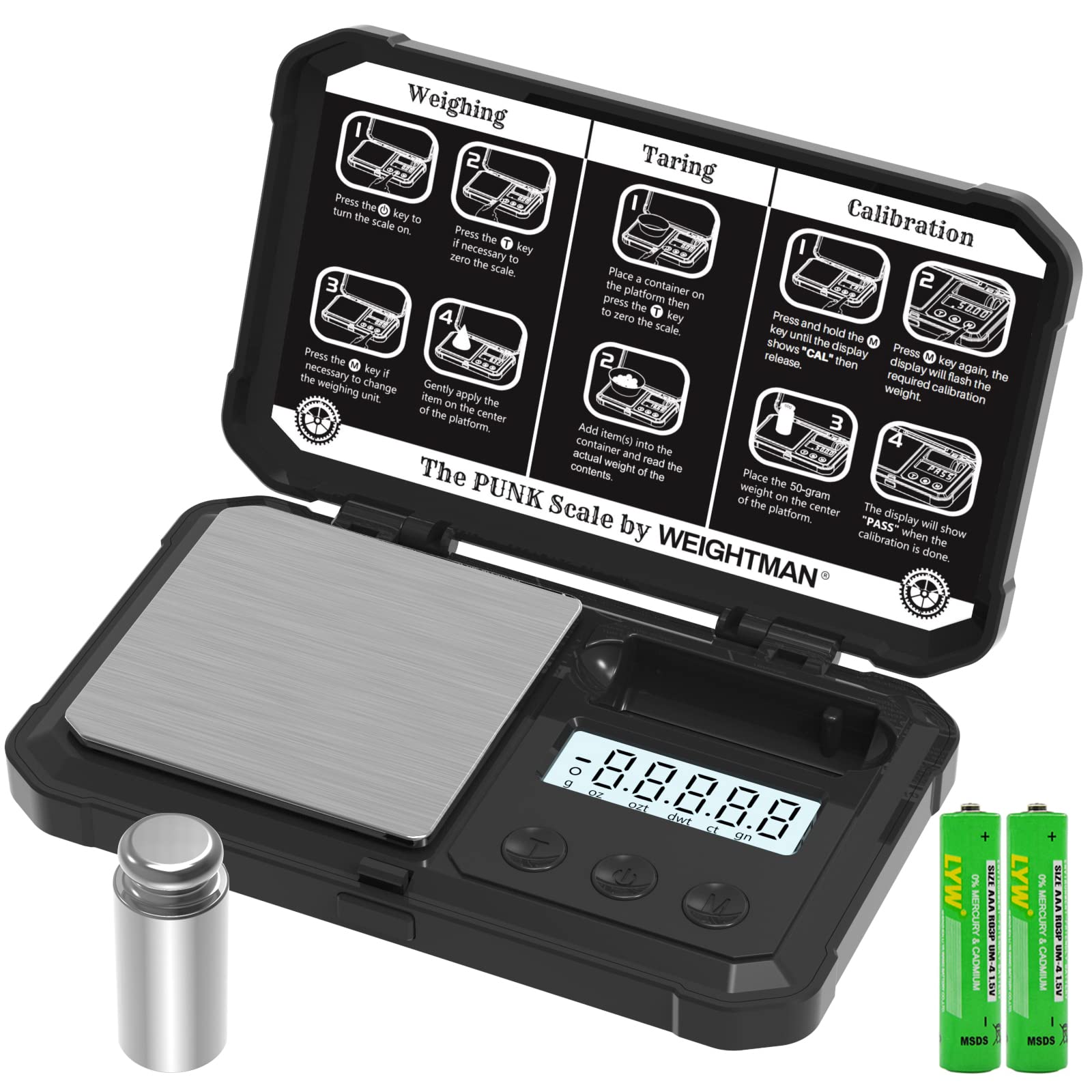 WEIGHTMAN Gram Scale, 200/0.01g Black Scale, Scales Digital Weight Grams with 50G Calibration Weight, Digital Pocket Scale Gram and OZ, Small Digital Scale 6 Units, Large LCD Screen, Battery Included