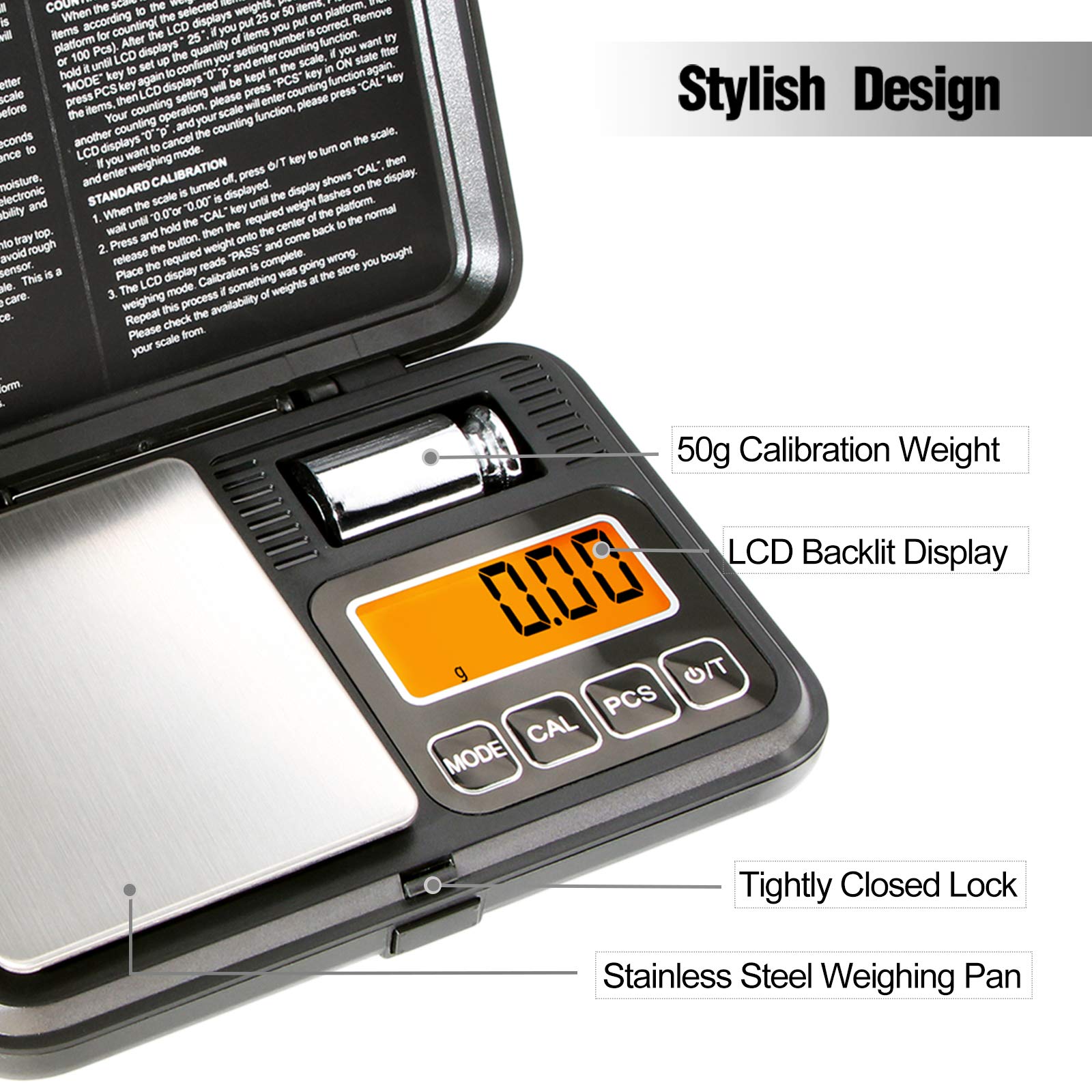 Fuzion Digital Pocket Scale 200g/0.01g, Scale Gram with LCD Display, Tare and PCS, Mini Digital Scale with 50g Calibration Weight for Jewelry, Coins, Powder, Herbs, Spices (Battery Included)