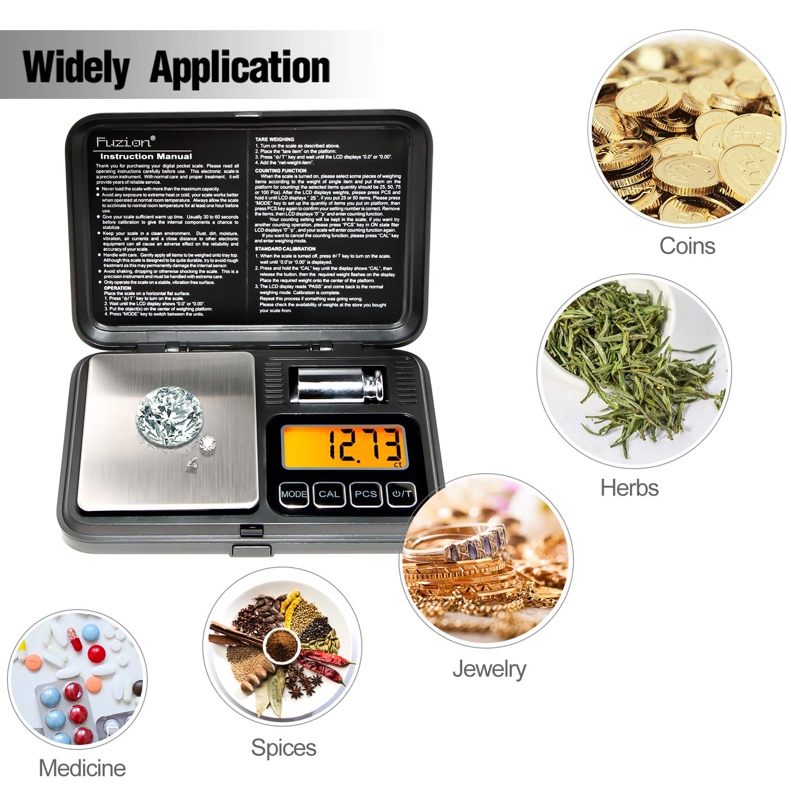 Fuzion Digital Pocket Scale 200g/0.01g, Scale Gram with LCD Display, Tare and PCS, Mini Digital Scale with 50g Calibration Weight for Jewelry, Coins, Powder, Herbs, Spices (Battery Included)