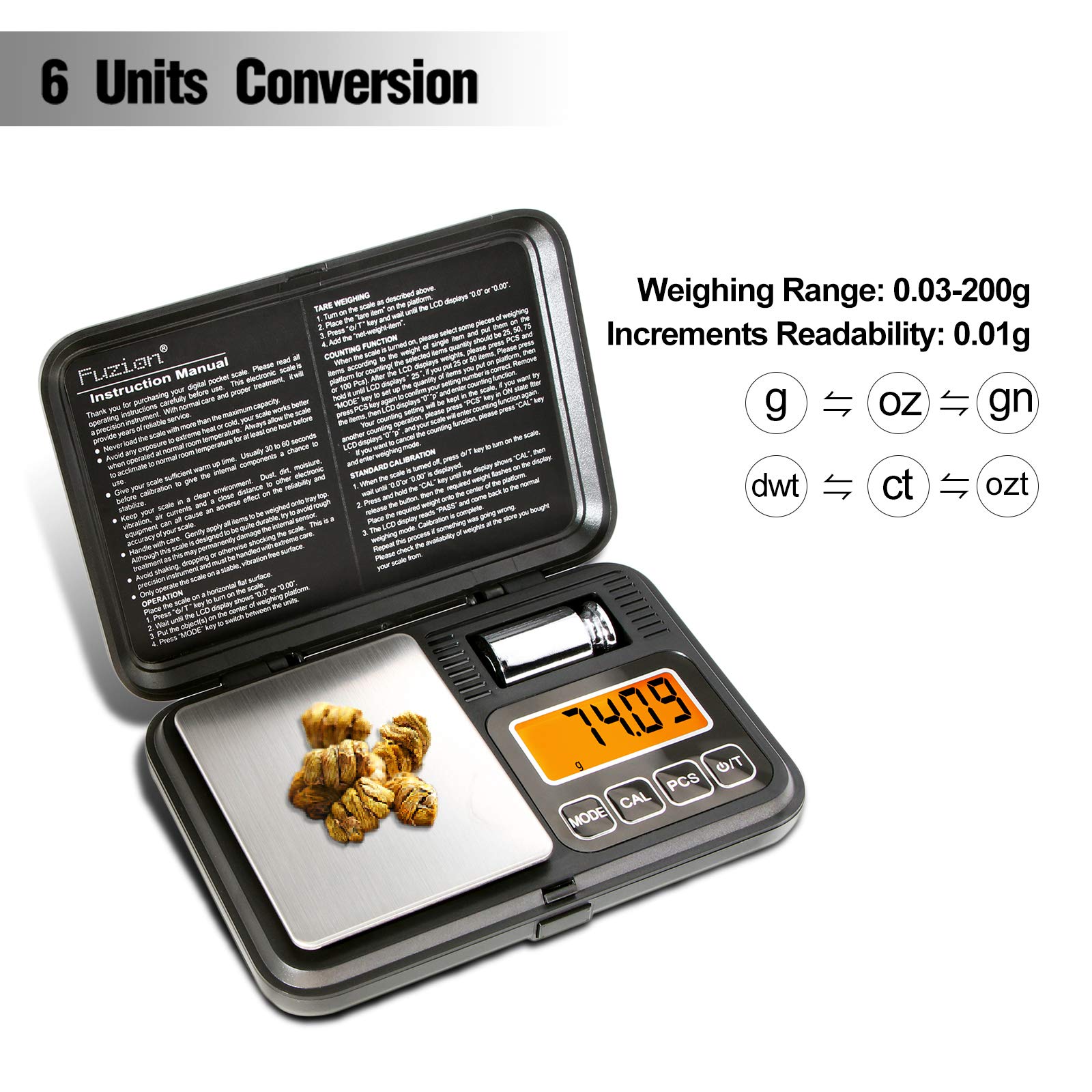 Fuzion Digital Pocket Scale 200g/0.01g, Scale Gram with LCD Display, Tare and PCS, Mini Digital Scale with 50g Calibration Weight for Jewelry, Coins, Powder, Herbs, Spices (Battery Included)