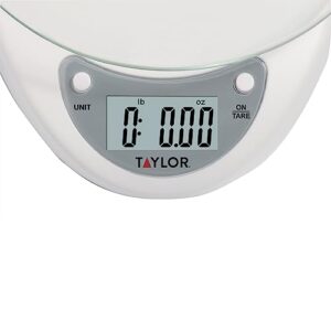 Taylor Digital Kitchen Scale with Glass Platform, Tare Button, and Plastic Body Weighs up to 11 Pounds Capacity, White