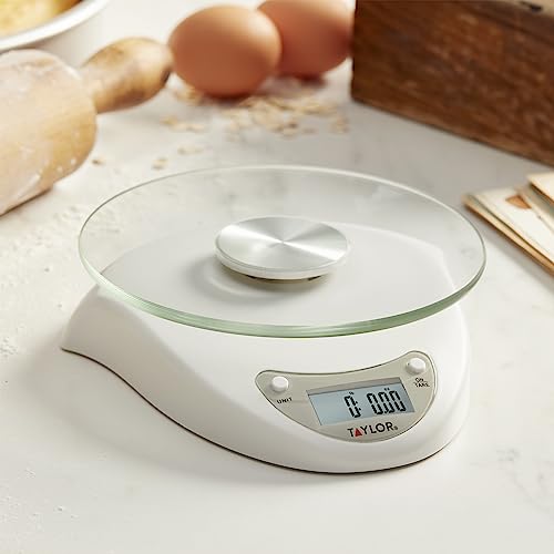 Taylor Digital Kitchen Scale with Glass Platform, Tare Button, and Plastic Body Weighs up to 11 Pounds Capacity, White