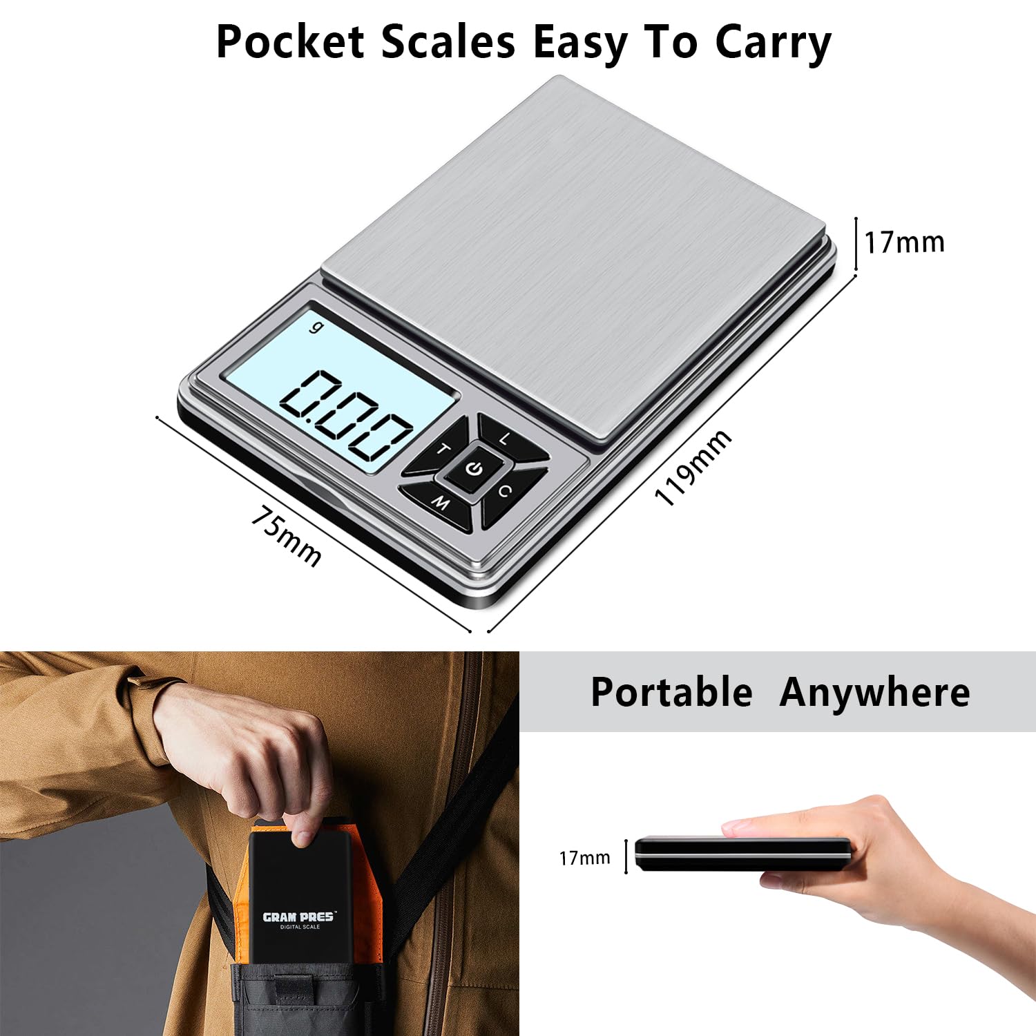 GRAM PRES Digital Pocket Gram Scale 300g x 0.01g Accuracy， Micro Mini High Precision Scale Digital Weight Grams and Oz for Jewelry, Diamond，Arrows, Powders, Herbs and Food,with 50g Cal Weights