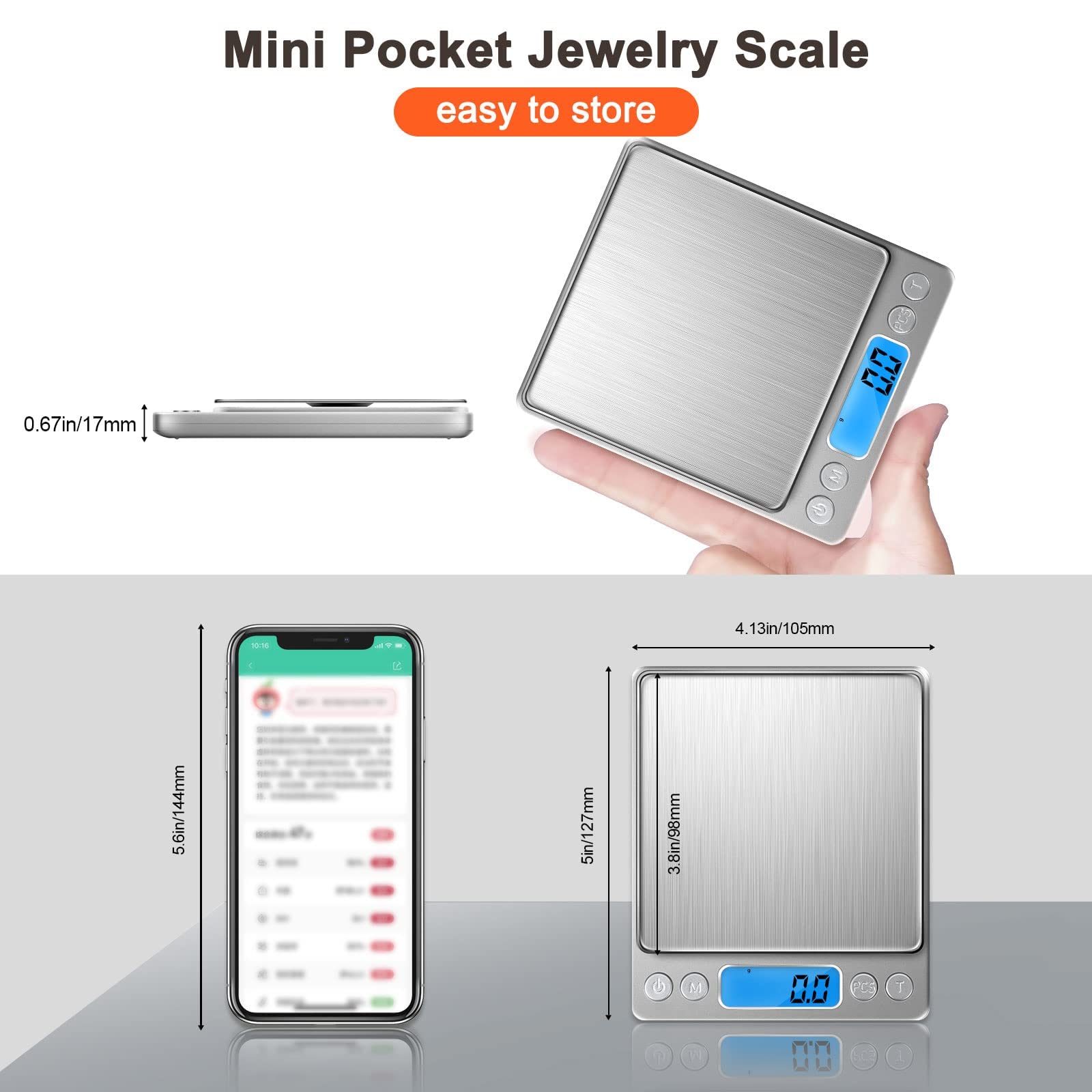 Yoncon Small Digital Food Scale Ounce/OZ and Gram Scale, Kitchen Scale 3000g/0.1g High Precision for Baking, Soap Making, Jewelry, Includes 2 Trays and Batteries, 9 Units, Tare Function, Easy to Store