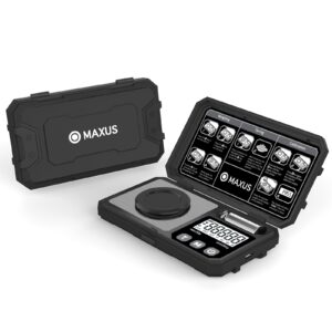 maxus milligram scale 50g/0.001g, compact mg scale with 50g calibration weight, black powder scale for reloading, includes a scoop, a powder pan, a usb cable and tweezers