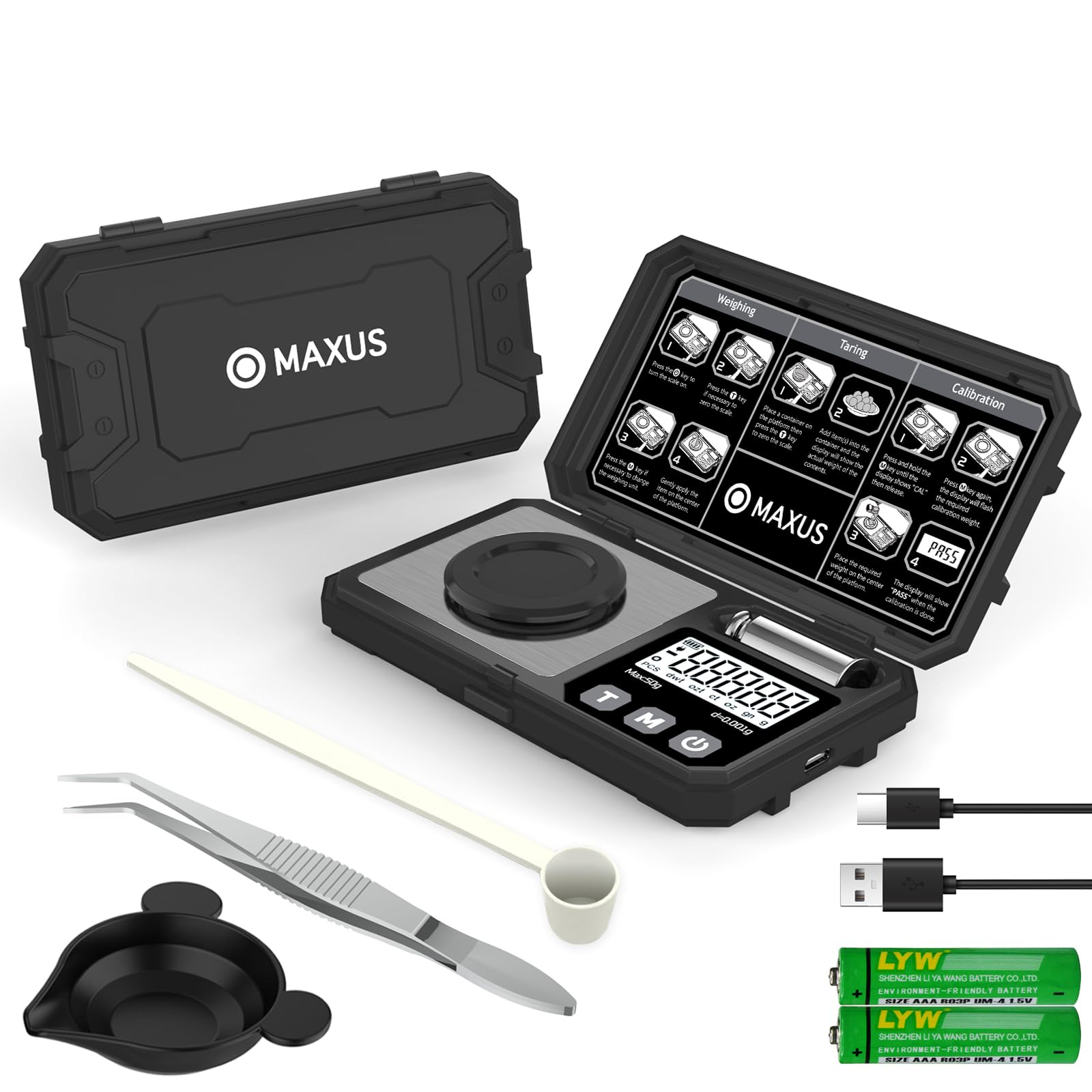 MAXUS Milligram Scale 50g/0.001g, Compact Mg Scale with 50g Calibration Weight, Black Powder Scale for Reloading, includes a Scoop, a Powder Pan, a USB Cable and Tweezers