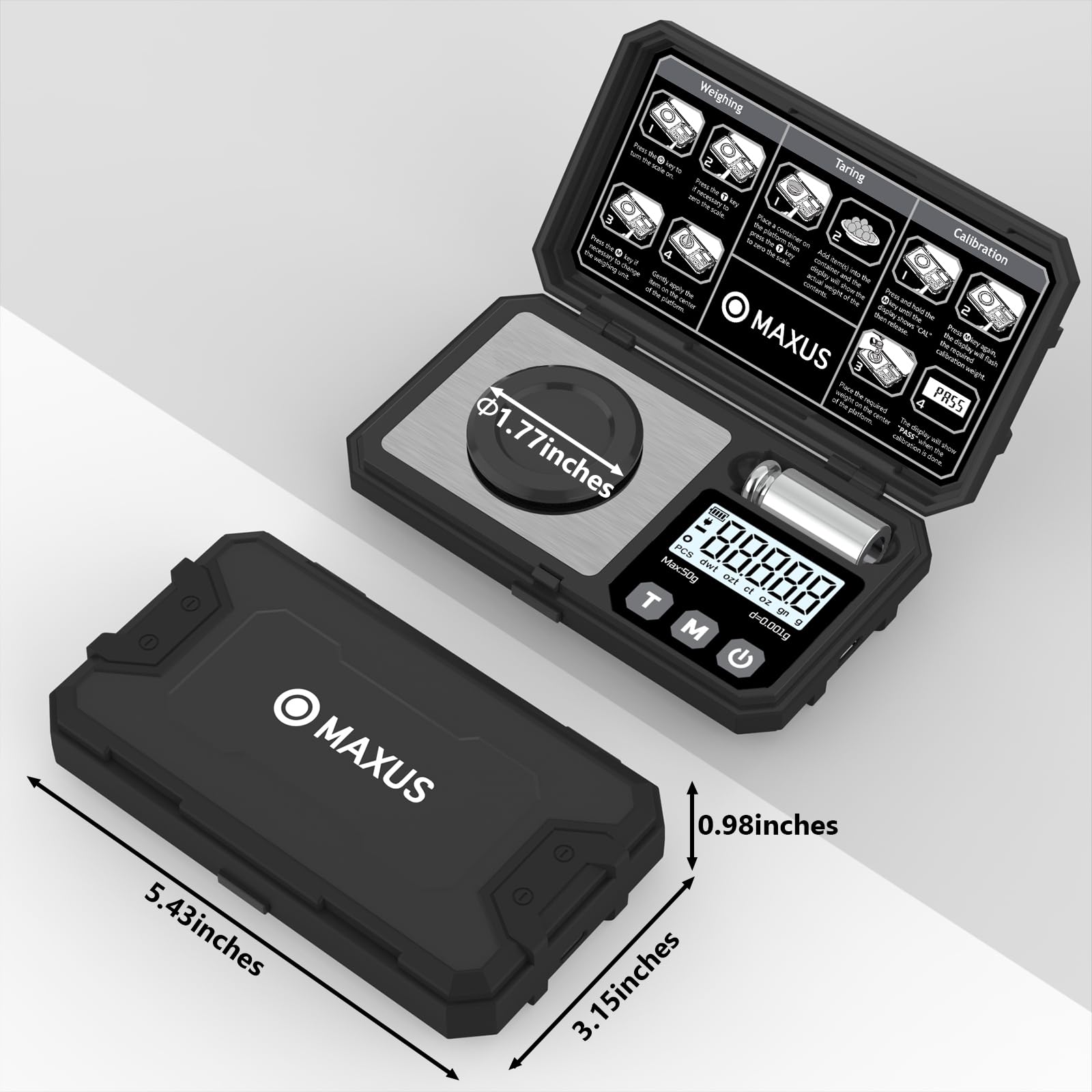 MAXUS Milligram Scale 50g/0.001g, Compact Mg Scale with 50g Calibration Weight, Black Powder Scale for Reloading, includes a Scoop, a Powder Pan, a USB Cable and Tweezers