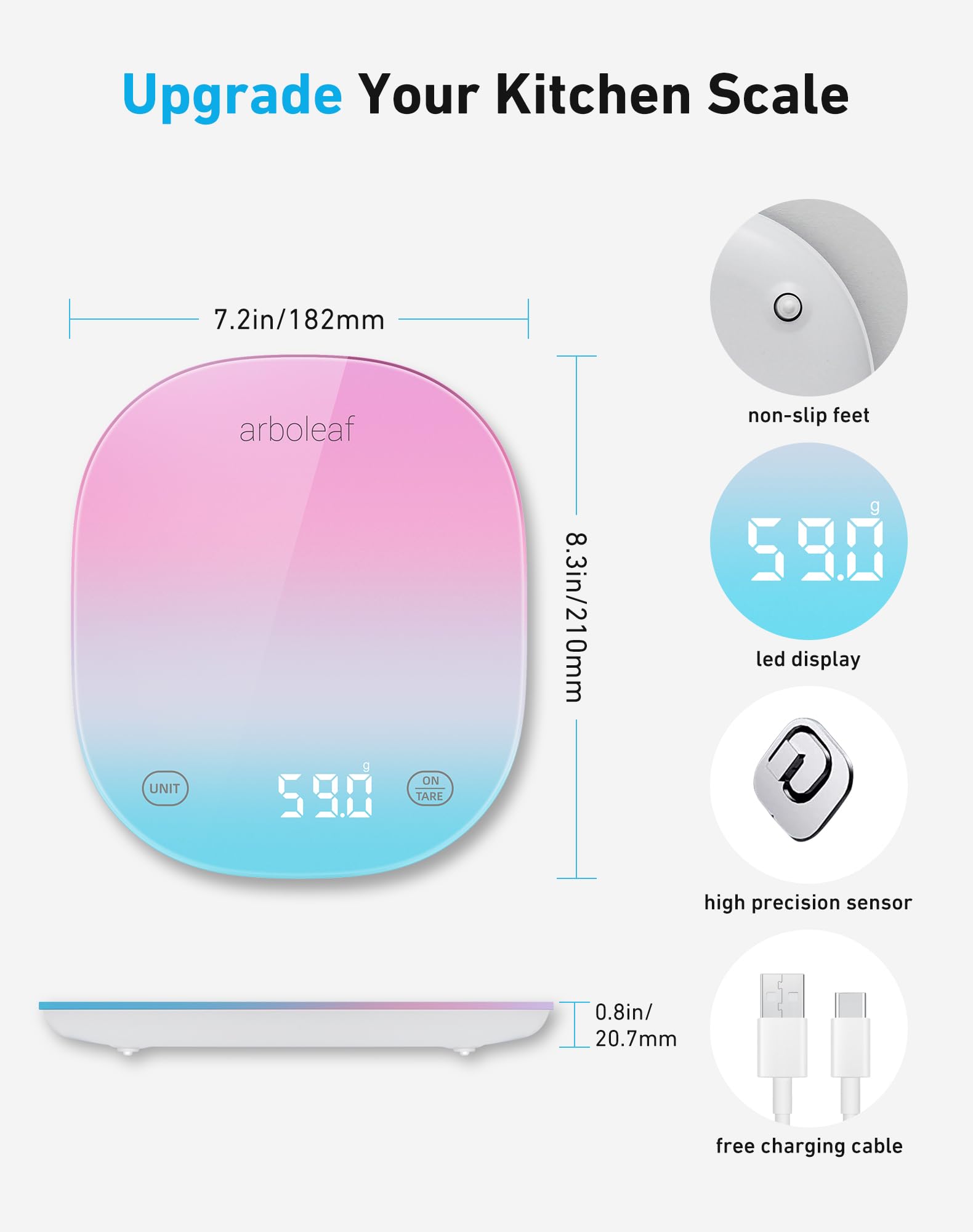 arboleaf Food Scale Rechargeable, Food Scales Digital Weight Grams and oz, Kitchen Scales Digital Weight, Smart Baking Measuring Food Scales for Kitchen Gift, Weight Loss, 0.1oz/0.5g, 22lbs/10kg