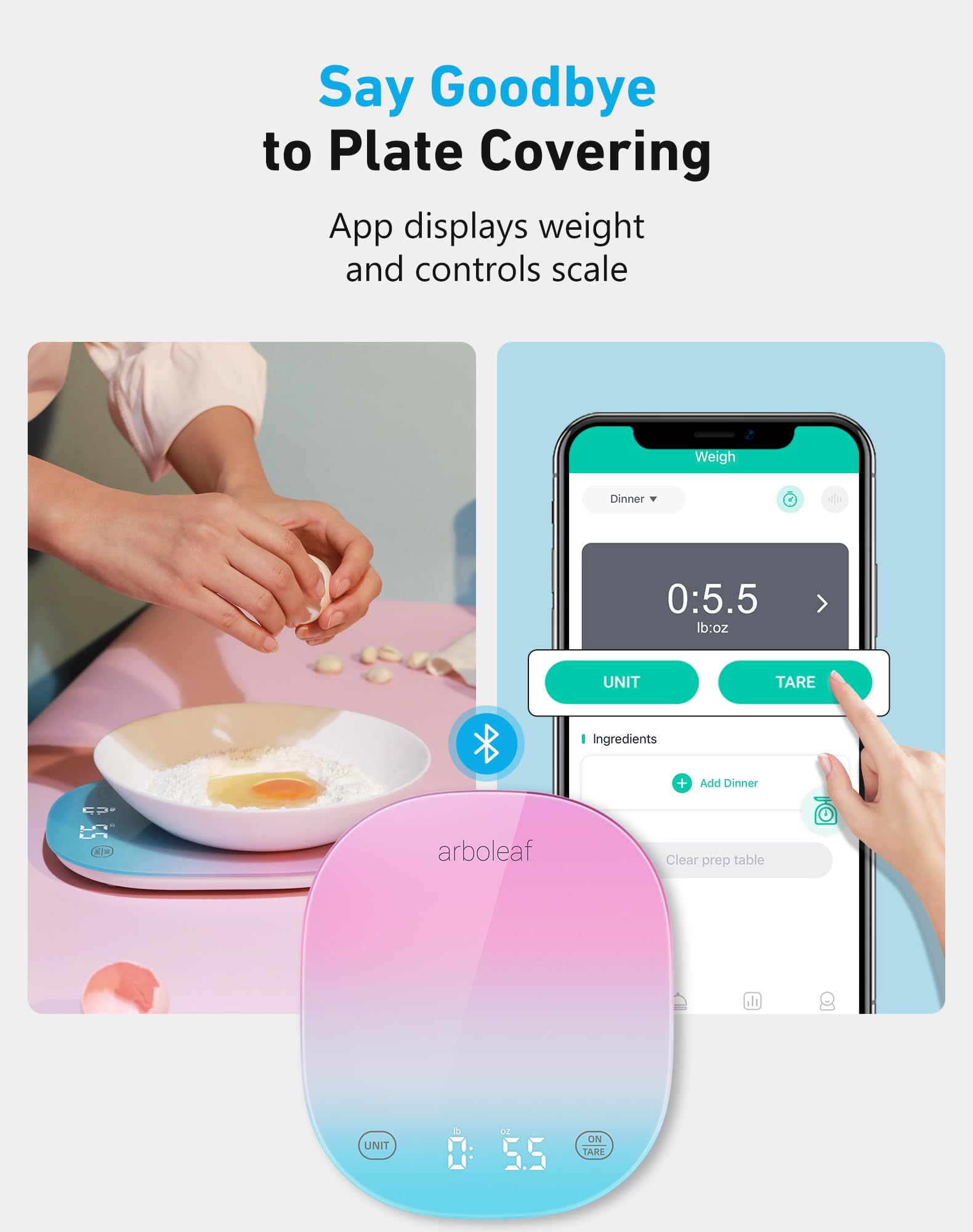 arboleaf Food Scale Rechargeable, Food Scales Digital Weight Grams and oz, Kitchen Scales Digital Weight, Smart Baking Measuring Food Scales for Kitchen Gift, Weight Loss, 0.1oz/0.5g, 22lbs/10kg