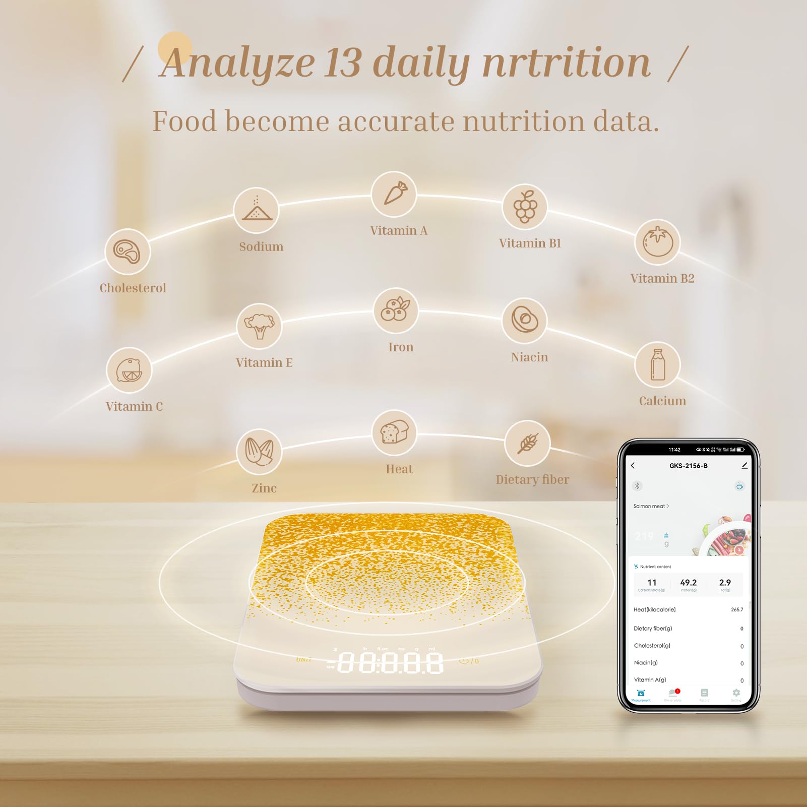 Lifehood Digital Food Scale with Tare Function - Bluetooth Kitchen Scale Measures (G/Fl.Oz./Lb:Oz/Ml), Waterproof Baking Scale with LED Display - Golden Moment