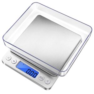 Aibileec Food Weight Scale Measure 0.1G-2000G (Ounces Grams DWT GN CT) Pocket Size Come with Two Trays (2 Pack)